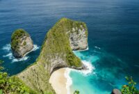 villa tranquilla nusa lembongan Breathtaking aerial view of Kelingking Beach in Bali, featuring stunning cliffs and turquoise waters.