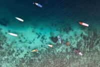Aerial shot of colorful boats floating over clear waters in Kecamatan Pemenang, Indonesia.